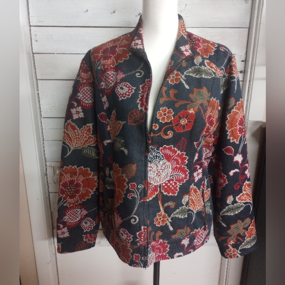 Chico's Floral Print Jacket Size 2 Medium Black Red Full Zip Long Sleeve Boho *